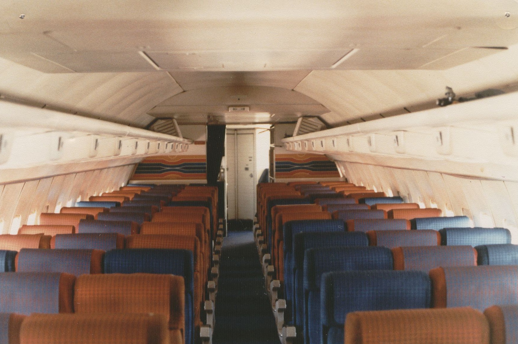 August 1981 The rear section of the cabin of a Pan Am Boeing 707 in an all economy configuration with 180 seats.